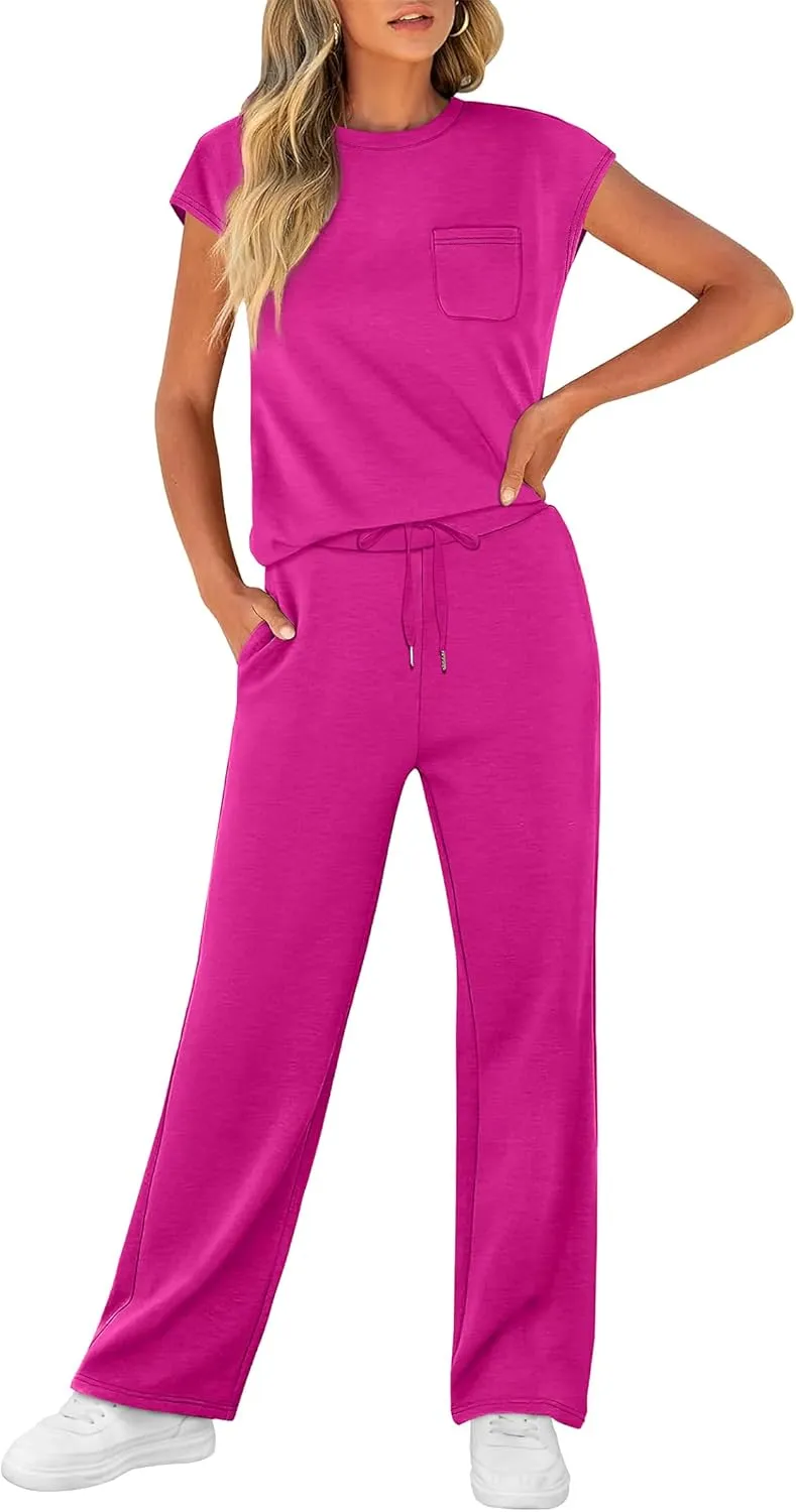 WIHOLL 2 Piece Sets for Women Casual Summer Travel Vacation Outfits Cap Sleeve Lounge Set