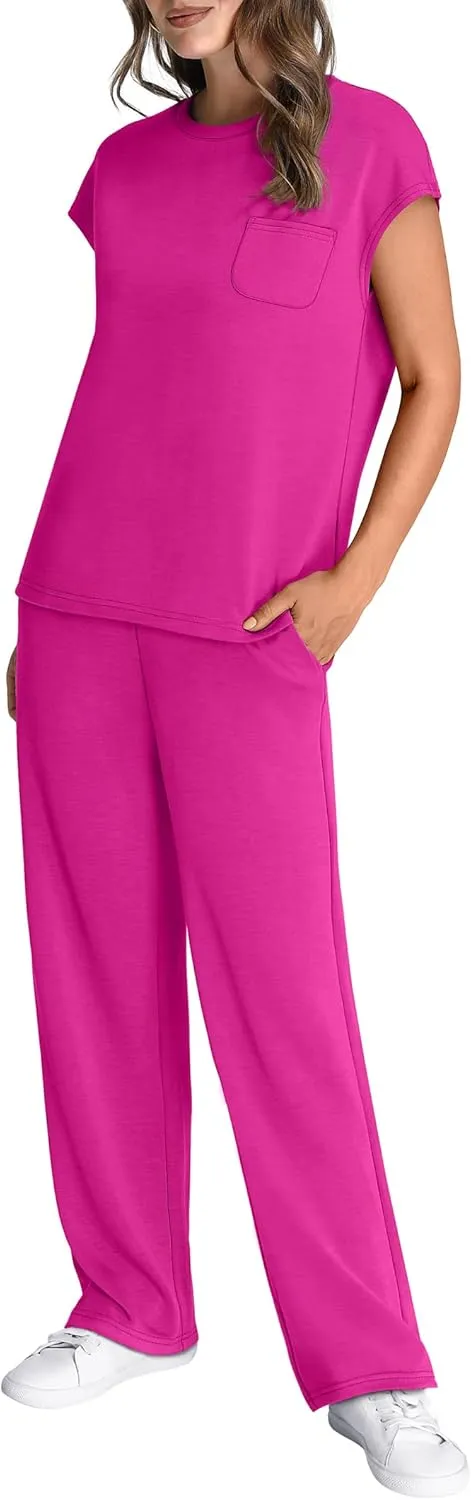 WIHOLL 2 Piece Sets for Women Casual Summer Travel Vacation Outfits Cap Sleeve Lounge Set