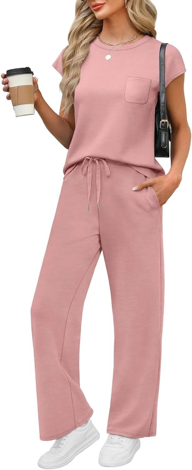 WIHOLL 2 Piece Sets for Women Casual Summer Travel Vacation Outfits Cap Sleeve Lounge Set