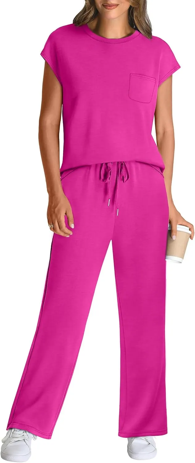 WIHOLL 2 Piece Sets for Women Casual Summer Travel Vacation Outfits Cap Sleeve Lounge Set
