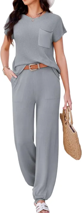 Women's 2 Piece Outfits Sweater Sets Knit Pullover Tops High Waisted Pants Tracksuit Lounge Jogger Set