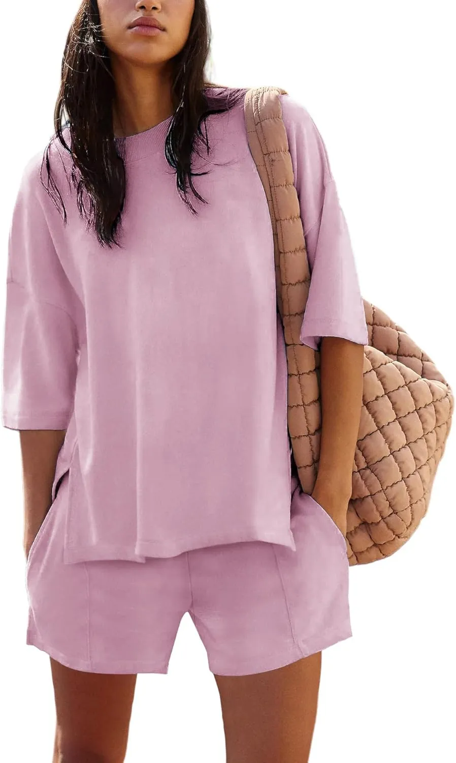 Womens Shorts Sets 2 Piece Outfits Summer 2025 Half Sleeve Crew Neck Cotton Lounge Sets Matching Clothing