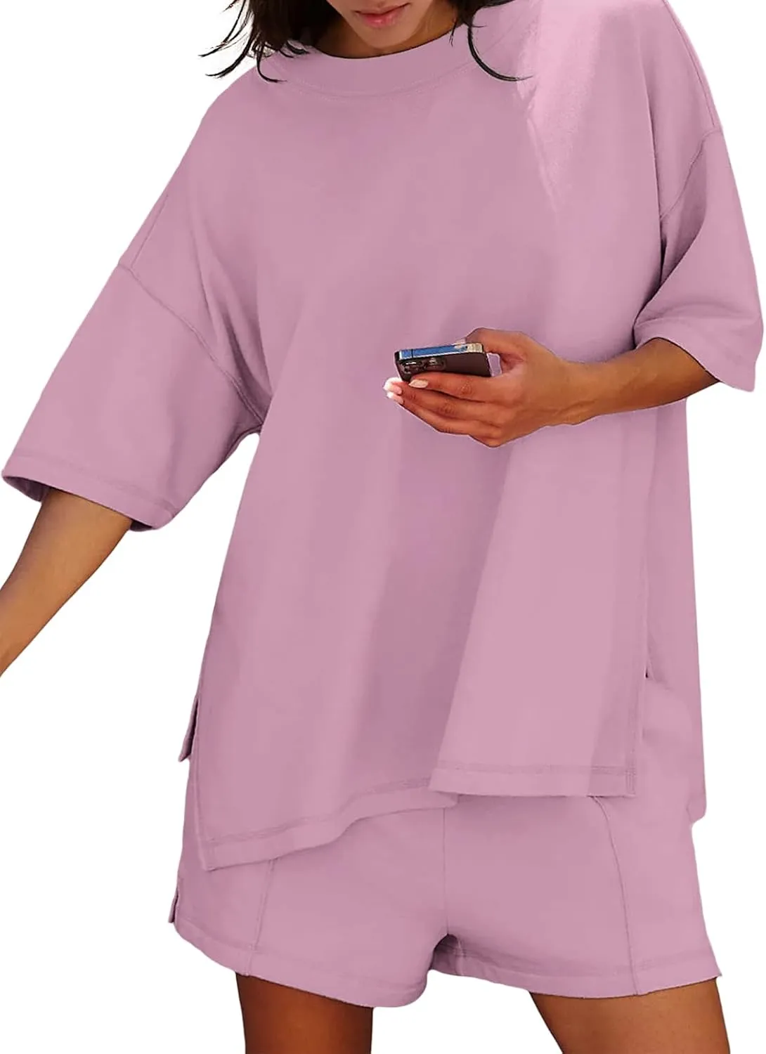 Womens Shorts Sets 2 Piece Outfits Summer 2025 Half Sleeve Crew Neck Cotton Lounge Sets Matching Clothing