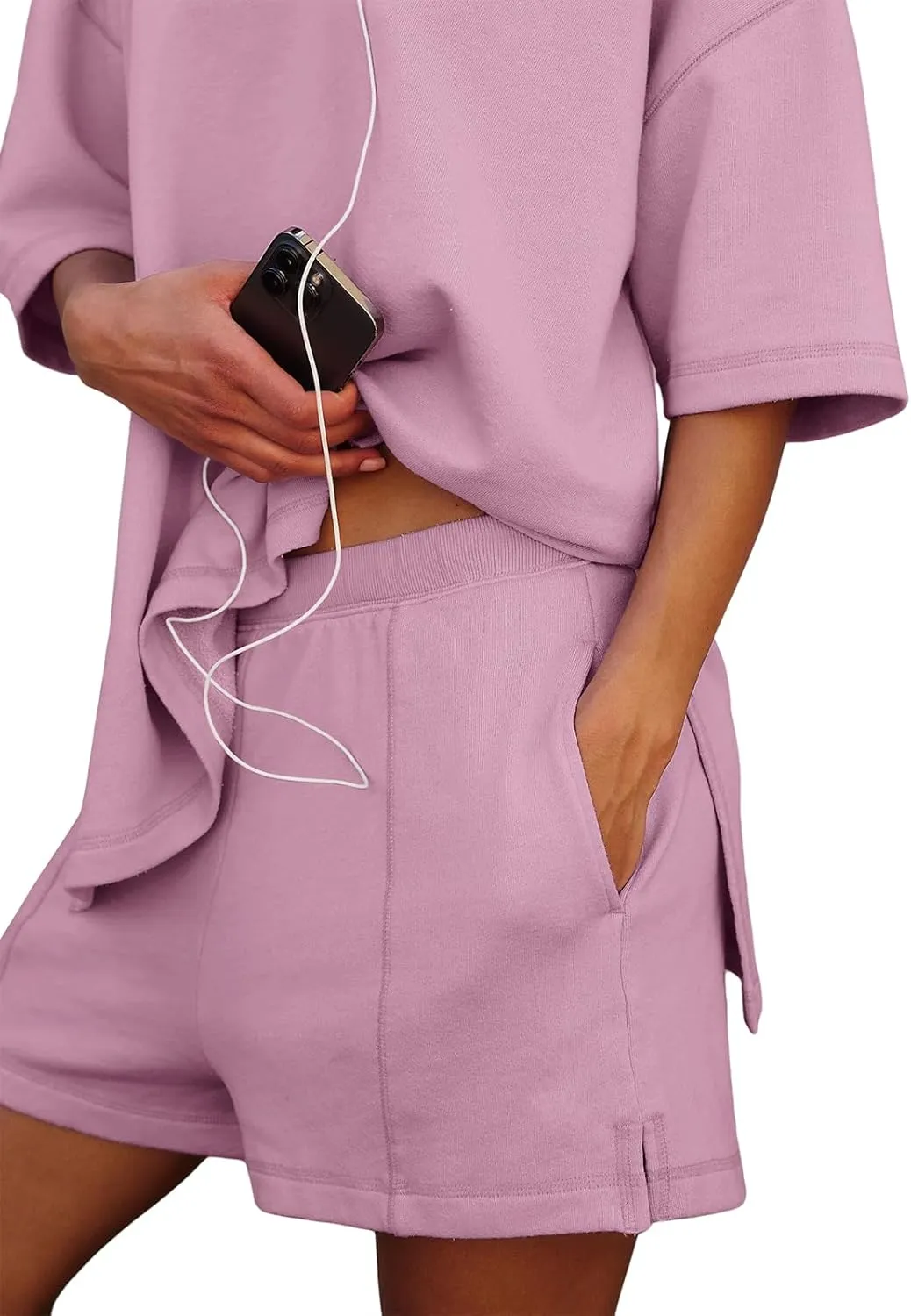 Womens Shorts Sets 2 Piece Outfits Summer 2025 Half Sleeve Crew Neck Cotton Lounge Sets Matching Clothing