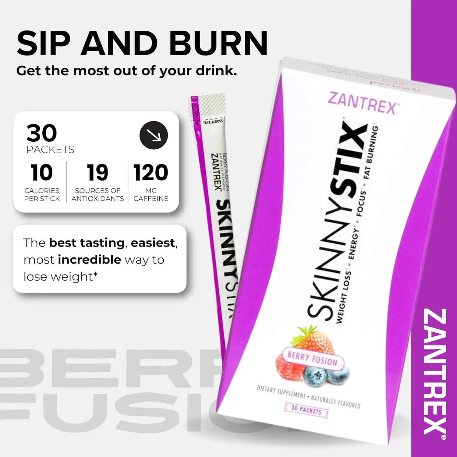Zantrex SkinnyStix Energy Powder  Lose Weight, GLP-1, Appetite Suppressant, Boost Mood  10 Calories  Yerba Mate, Coffee Bean  30 Stix, Berry