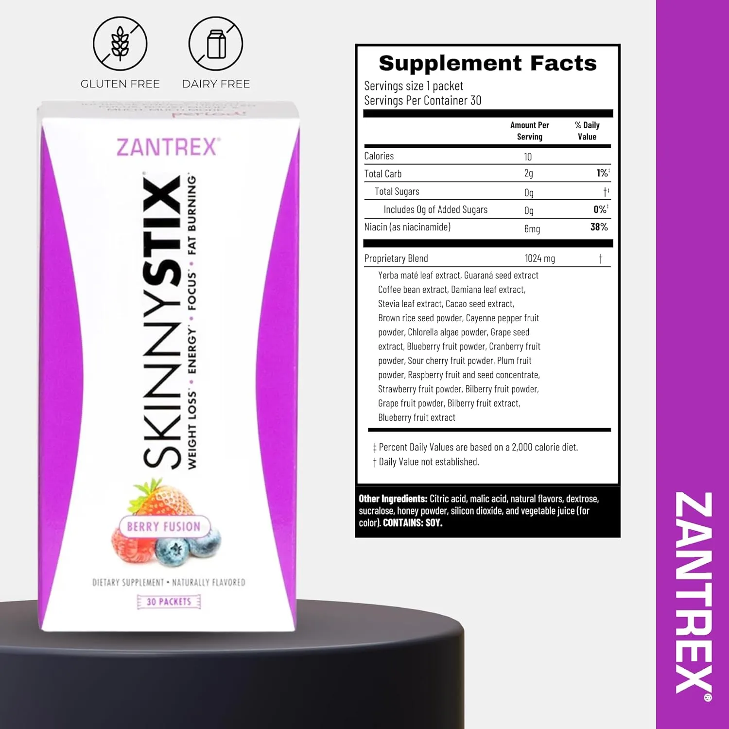 Zantrex SkinnyStix Energy Powder  Lose Weight, GLP-1, Appetite Suppressant, Boost Mood  10 Calories  Yerba Mate, Coffee Bean  30 Stix, Berry