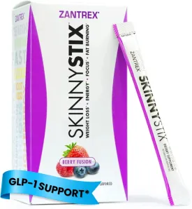 Zantrex SkinnyStix Energy Powder  Lose Weight, GLP-1, Appetite Suppressant, Boost Mood  10 Calories  Yerba Mate, Coffee Bean  30 Stix, Berry