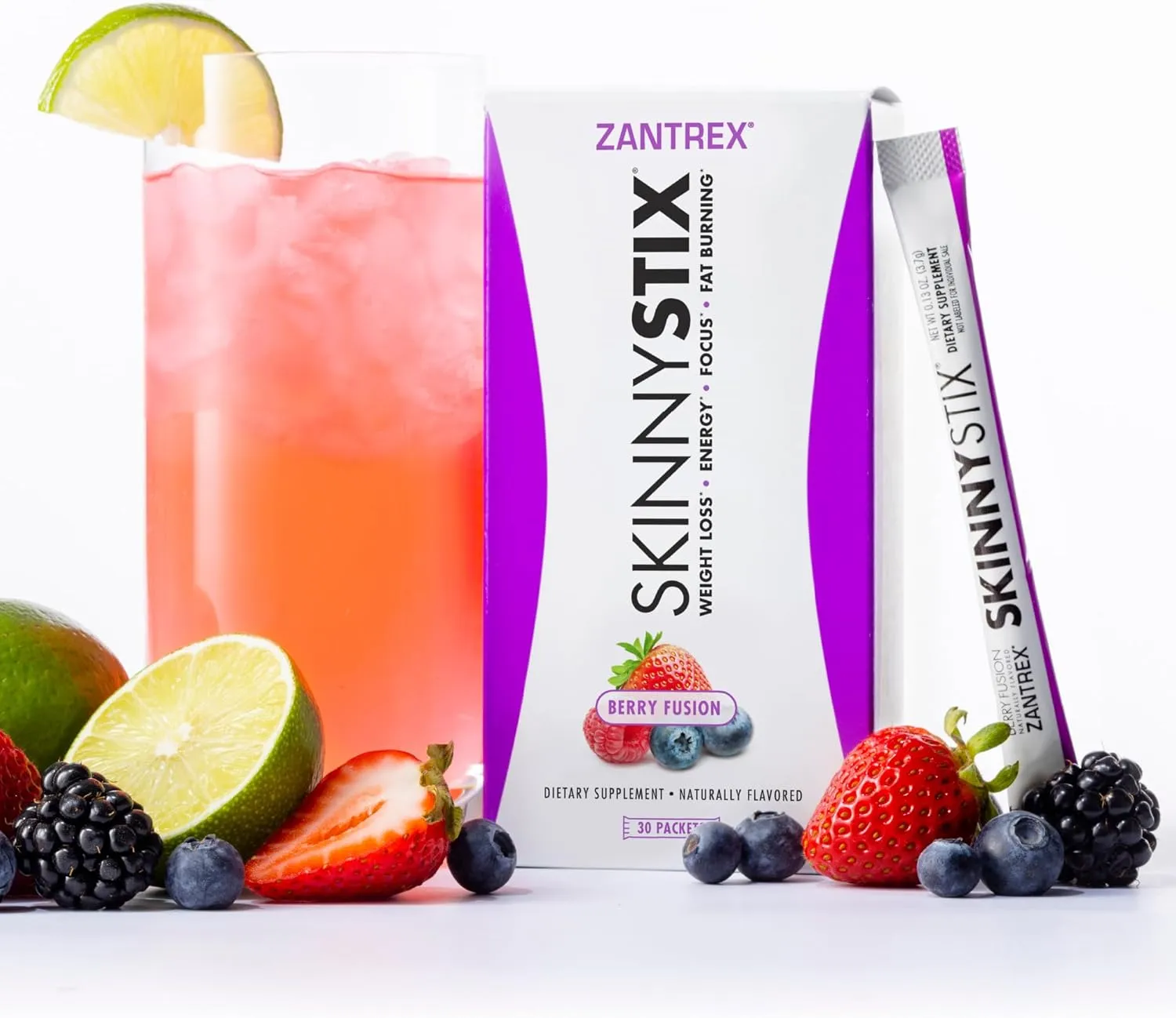 Zantrex SkinnyStix Energy Powder  Lose Weight, GLP-1, Appetite Suppressant, Boost Mood  10 Calories  Yerba Mate, Coffee Bean  30 Stix, Berry