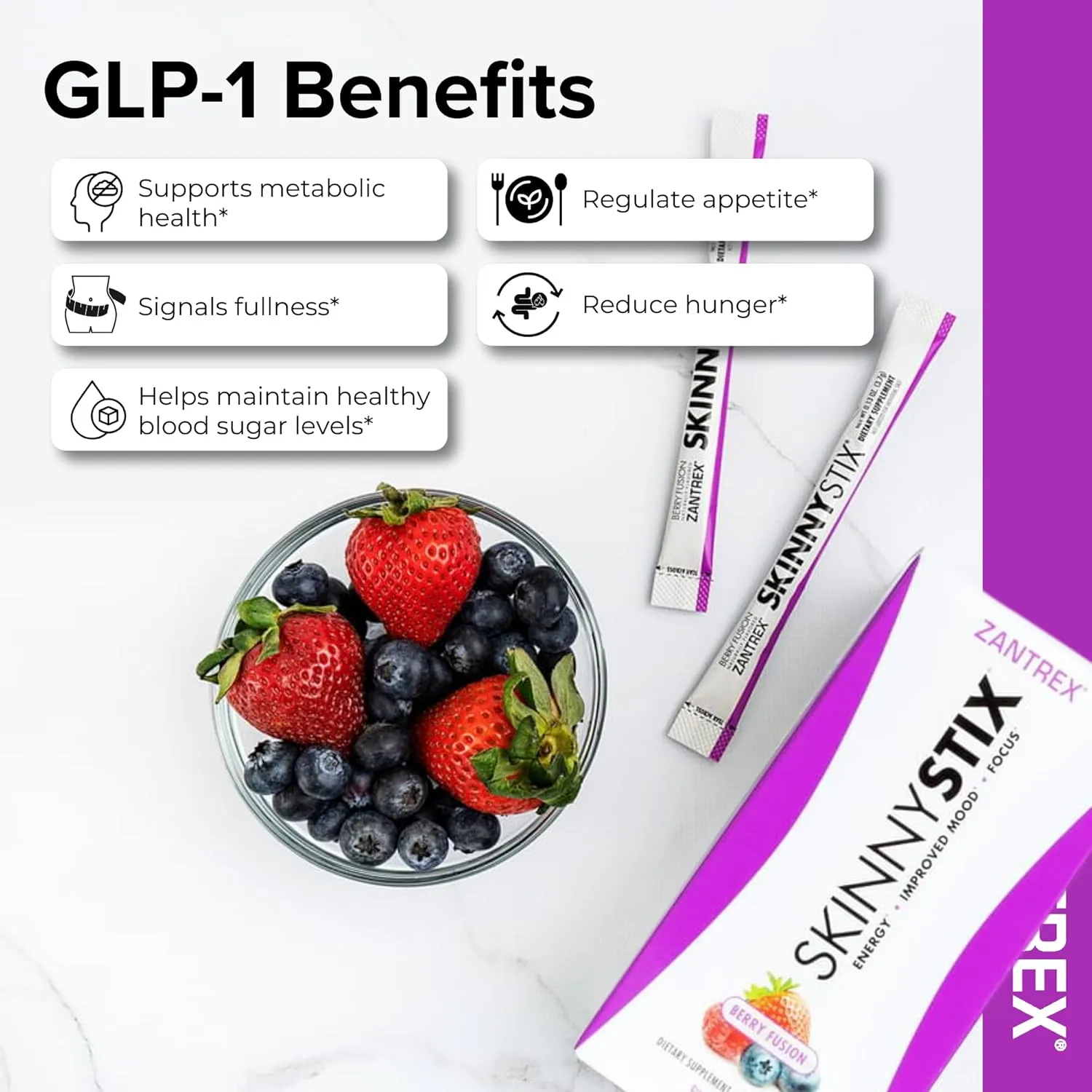 Zantrex SkinnyStix Energy Powder  Lose Weight, GLP-1, Appetite Suppressant, Boost Mood  10 Calories  Yerba Mate, Coffee Bean  30 Stix, Berry