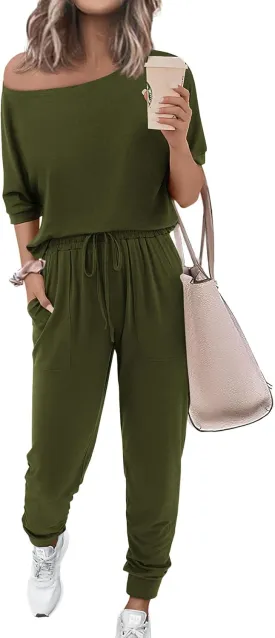 Zenlonr Women Summer 2 Piece Outfits 2025 Off Shoulder Short Sleeve Tops Elastic Waist Drawstring Long Pants Tracksuit